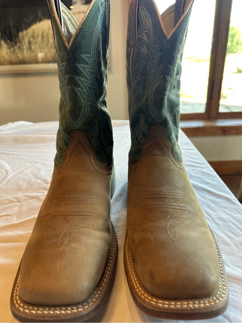 Justin Boots Brown Foot with Green Embroidered Shaft Cowboy Boots